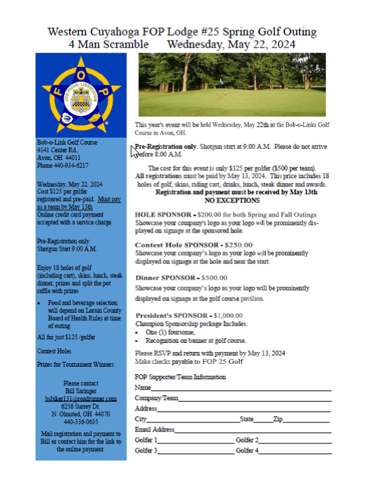 2024 FOP Spring Golf Outing Registration